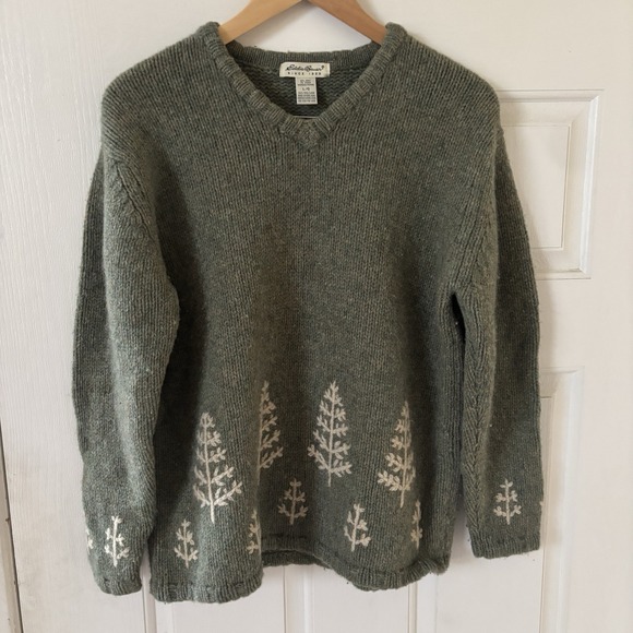 Vintage Eddie Bauer Womens Christmas Tree Sweater 100% Wool Size Large Green 90s - Picture 2 of 8